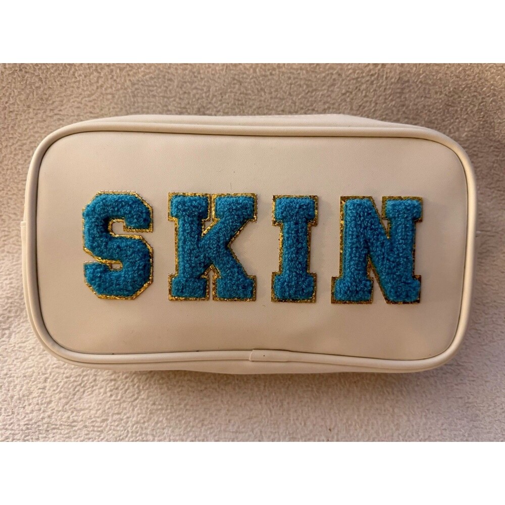 Neutrogena SKIN White Cosmetic Makeup Bag Blue Chenille Letters Zip Pouch